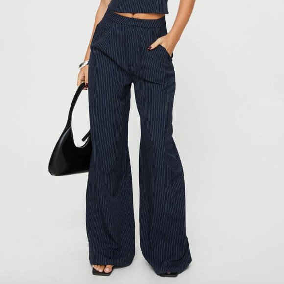 Princess Polly Briana Navy Pinstripe Wide Leg Trousers 6 NWT - Picture 1 of 8